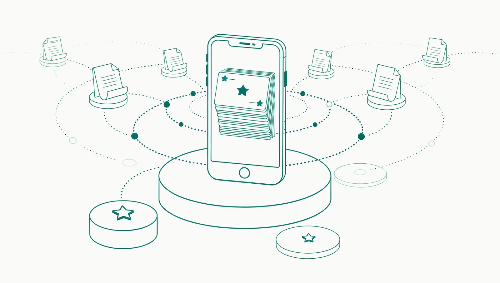 Illustration: a phone gathering star-marked cards from documents scattered around it